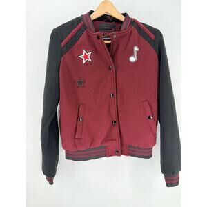 Yoki Women's Varsity Jacket Maroon Black M with Patches & Striped Ribbing‎